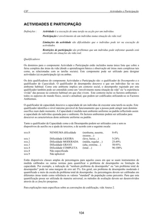 CIF Actividades e Participação
104
ACTIVIDADES E PARTICIPAÇÃO
Definições : Actividade é a execução de uma tarefa ou acção por um indivíduo.
Participação é envolvimento de um indivíduo numa situação da vida real.
Limitações da actividade são dificuldades que o indivíduo pode ter na execução de
actividades.
Restrições de participação são problemas que um indivíduo pode enfrentar quando está
envolvido em situações da vida real.
Qualificadores
Os domínios para o componente Actividade e Participação estão incluídos numa única lista que cobre a
faixa completa das áreas da vida (desde a aprendizagem básica e observação até áreas mais complexas tais
como, as relacionadas com as tarefas sociais). Este componente pode ser utilizado para designar
actividades (a) ou participação (p) ou ambas.
Os dois qualificadores do componente Actividades e Participação são: o qualificador de Desempenho e o
qualificador de Capacidade. O qualificador de desempenho descreve o que um indivíduo faz no seu
ambiente habitual. Como este ambiente implica um contexto social, o desempenho registado por este
qualificador também pode ser entendido como um “envolvimento numa situação da vida” ou “a experiência
vivida” das pessoas no contexto habitual em que elas vivem. Este contexto inclui os factores ambientais –
todos os aspectos do mundo físico, social e atitudinal, que podem ser codificados utilizando-se os Factores
Ambientais.
O qualificador de capacidade descreve a capacidade de um indivíduo de executar uma tarefa ou acção. Este
qualificador identifica o nível máximo provável de funcionamento que a pessoa pode atingir num domínio
esecífico num dado momento. A Capacidade é medida num ambiente uniforme ou padrão reflectindo assim
a capacidade do indivíduo ajustada para o ambiente. Os factores ambientais podem ser utilizados para
descrever as características deste ambiente uniforme ou padrão.
Tanto o qualificador de Capacidade como o de Desempenho podem ser utilizados com e sem os
dispositivos de auxílio ou a ajuda de terceiros, e de acordo com a seguinte escala:
xxx.0 NENHUMA dificuldade (nenhuma, ausente,
escassa…)
0-4%
xxx.1 Dificuldade LIGEIRA (leve, baixa…) 5-24%
xxx.2 Dificuldade MODERADA (média, regular…) 25-49%
xxx.3 Dificuldade GRAVE (alta, extrema…) 50-95%
xxx.4 Dificuldade COMPLETA (total…) 96-100%
xxx.8 Não especificada
xxx.9 Não aplicável
Estão disponíveis classes amplas de percentagens para aqueles casos em que se usam instrumentos de
medida calibrados ou outras normas para quantificar o problema de desempenho ou limitação da
capacidade. Por exemplo, a indicação de “nenhum problema de desempenho” ou “um problema total de
desempenho” pode ter uma margem de erro até 5%. Em geral, um problema de desempenho moderado é
quantificado a meio da escala do problema total de desempenho. As percentagens devem ser calibradas em
diferentes áreas tendo como referência os valores "standard" da população como percentis. Para que esta
quantificação possa ser utilizada de maneira universal, os métodos de avaliação devem ser desenvolvidos
através de as funções pesquisas.
Para explicações mais específicas sobre as convenções de codificação, vide Anexo 2.
 