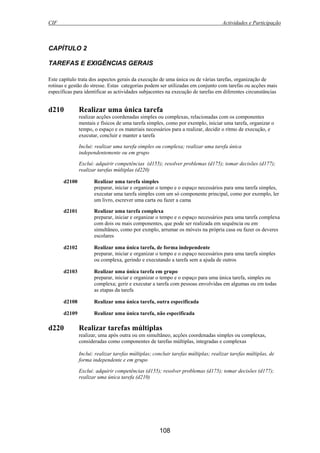 CIF Actividades e Participação
108
CAPÍTULO 2
TAREFAS E EXIGÊNCIAS GERAIS
Este capítulo trata dos aspectos gerais da execução de uma única ou de várias tarefas, organização de
rotinas e gestão do stresse. Estas categorias podem ser utilizadas em conjunto com tarefas ou acções mais
específicas para identificar as actividades subjacentes na execução de tarefas em diferentes circunstâncias
d210 Realizar uma única tarefa
realizar acções coordenadas simples ou complexas, relacionadas com os componentes
mentais e físicos de uma tarefa simples, como por exemplo, iniciar uma tarefa, organizar o
tempo, o espaço e os materiais necessários para a realizar, decidir o ritmo de execução, e
executar, concluir e manter a tarefa
Inclui: realizar uma tarefa simples ou complexa; realizar uma tarefa única
independentemente ou em grupo
Exclui: adquirir competências (d155); resolver problemas (d175); tomar decisões (d177);
realizar tarefas múltiplas (d220)
d2100 Realizar uma tarefa simples
preparar, iniciar e organizar o tempo e o espaço necessários para uma tarefa simples,
executar uma tarefa simples com um só componente principal, como por exemplo, ler
um livro, escrever uma carta ou fazer a cama
d2101 Realizar uma tarefa complexa
preparar, iniciar e organizar o tempo e o espaço necessários para uma tarefa complexa
com dois ou mais componentes, que pode ser realizada em sequência ou em
simultâneo, como por exmplo, arrumar os móveis na própria casa ou fazer os deveres
escolares
d2102 Realizar uma única tarefa, de forma independente
preparar, iniciar e organizar o tempo e o espaço necessários para uma tarefa simples
ou complexa, gerindo e executando a tarefa sem a ajuda de outros
d2103 Realizar uma única tarefa em grupo
preparar, iniciar e organizar o tempo e o espaço para uma única tarefa, simples ou
complexa; gerir e executar a tarefa com pessoas envolvidas em algumas ou em todas
as etapas da tarefa
d2108 Realizar uma única tarefa, outra especificada
d2109 Realizar uma única tarefa, não especificada
d220 Realizar tarefas múltiplas
realizar, uma após outra ou em simultâneo, acções coordenadas simples ou complexas,
consideradas como componentes de tarefas múltiplas, integradas e complexas
Inclui: realizar tarefas múltiplas; concluir tarefas múltiplas; realizar tarefas múltiplas, de
forma independente e em grupo
Exclui: adquirir competências (d155); resolver problemas (d175); tomar decisões (d177);
realizar uma única tarefa (d210)
 