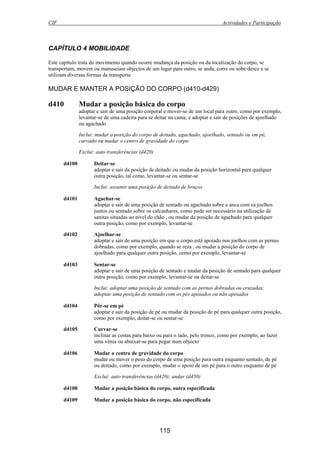 CIF Actividades e Participação
115
CAPÍTULO 4 MOBILIDADE
Este capítulo trata do movimento quando ocorre mudança da posição ou da localização do corpo, se
transportam, movem ou manuseiam objectos de um lugar para outro, se anda, corre ou sobe/desce e se
utilizam diversas formas de transporte
MUDAR E MANTER A POSIÇÃO DO CORPO (d410-d429)
d410 Mudar a posição básica do corpo
adoptar e sair de uma posição corporal e mover-se de um local para outro, como por exemplo,
levantar-se de uma cadeira para se deitar na cama, e adoptar e sair de posições de ajoelhado
ou agachado
Inclui: mudar a posição do corpo de deitado, agachado, ajoelhado, sentado ou em pé,
curvado ou mudar o centro de gravidade do corpo
Exclui: auto transferências (d420)
d4100 Deitar-se
adoptar e sair da posição de deitado ou mudar da posição horizontal para qualquer
outra posição, tal como, levantar-se ou sentar-se
Inclui: assumir uma posição de deitado de bruços
d4101 Agachar-se
adoptar e sair de uma posição de sentado ou agachado sobre a anca com os joelhos
juntos ou sentado sobre os calcanhares, como pode ser necessário na utilização de
sanitas situadas ao nível do chão , ou mudar da posição de agachado para qualquer
outra posição, como por exemplo, levantar-se
d4102 Ajoelhar-se
adoptar e sair de uma posição em que o corpo está apoiado nos joelhos com as pernas
dobradas, como por exemplo, quando se reza , ou mudar a posição do corpo de
ajoelhado para qualquer outra posição, como por exemplo, levantar-se
d4103 Sentar-se
adoptar e sair de uma posição de sentado e mudar da posição de sentado para qualquer
outra posição, como por exemplo, levantar-se ou deitar-se
Inclui: adoptar uma posição de sentado com as pernas dobradas ou cruzadas;
adoptar uma posição de sentado com os pés apoiados ou não apoiados
d4104 Pôr-se em pé
adoptar e sair da posição de pé ou mudar da posição de pé para qualquer outra posição,
como por exemplo, deitar-se ou sentar-se
d4105 Curvar-se
inclinar as costas para baixo ou para o lado, pelo tronco, como por exemplo, ao fazer
uma vénia ou abaixar-se para pegar num objecto
d4106 Mudar o centro de gravidade do corpo
mudar ou mover o peso do corpo de uma posição para outra enquanto sentado, de pé
ou deitado, como por exemplo, mudar o apoio de um pé para o outro enquanto de pé
Exclui: auto transferências (d420); andar (d450)
d4108 Mudar a posição básica do corpo, outra especificada
d4109 Mudar a posição básica do corpo, não especificada
 
