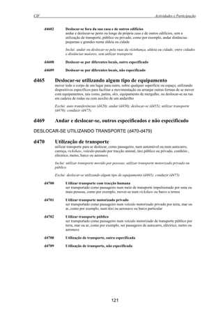 CIF Actividades e Participação
121
d4602 Deslocar-se fora da sua casa e de outros edifícios
andar e deslocar-se perto ou longe da própria casa e de outros edifícios, sem a
utilização de transporte, público ou privado, como por exemplo, andar distâncias
pequenas e grandes numa aldeia ou cidade
Inclui: andar ou deslocar-se pela ruas da vizinhança, aldeia ou cidade; entre cidades
e distâncias maiores, sem utilizar transporte
d4608 Deslocar-se por diferentes locais, outro especificado
d4609 Deslocar-se por diferentes locais, não especificado
d465 Deslocar-se utilizando algum tipo de equipamento
mover todo o corpo de um lugar para outro, sobre qualquer superfície ou espaço, utilizando
dispositivos específicos para facilitar a movimentação ou arranjar outras formas de se mover
com equipamentos, tais como, patins, skis, equipamento de mergulho, ou deslocar-se na rua
em cadeira de rodas ou com auxílio de um andarilho
Exclui: auto transferências (d420); andar (d450); deslocar-se (d455); utilizar transporte
(d470); conduzir (d475)
d469 Andar e deslocar-se, outros especificados e não especificado
DESLOCAR-SE UTILIZANDO TRANSPORTE (d470-d479)
d470 Utilização de transporte
utilizar transporte para se deslocar, como passageiro, num automóvel ou num autocarro,
carroça, rickshaw, veículo puxado por tracção animal, táxi público ou privado, combóio ,
eléctrico, metro, barco ou aeronave
Inclui: utilizar transporte movido por pessoas; utilizar transporte motorizado privado ou
público
Exclui: deslocar-se utilizando algum tipo de equipamento (d465); conduzir (d475)
d4700 Utilizar transporte com tracção humana
ser transportado como passageiro num meio de transporte impulsionado por uma ou
mais pessoas, como por exemplo, mover-se num rickshaw ou barco a remos
d4701 Utilizar transporte motorizado privado
ser transportado como passageiro num veículo motorizado privado por terra, mar ou
ar, como por exemplo, num táxi ou aeronave ou barco particular
d4702 Utilizar transporte público
ser transportado como passageiro num veículo motorizado de transporte público por
terra, mar ou ar, como por exemplo, ser passageiro de autocarro, eléctrico, metro ou
aeronave
d4708 Utilização de transporte, outra especificada
d4709 Utilização de transporte, não especificada
 