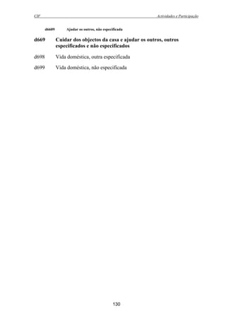 CIF Actividades e Participação
130
d6609 Ajudar os outros, não especificada
d669 Cuidar dos objectos da casa e ajudar os outros, outros
especificados e não especificados
d698 Vida doméstica, outra especificada
d699 Vida doméstica, não especificada
 