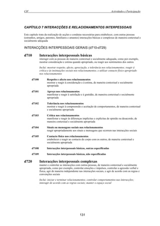 CIF Actividades e Participação
131
CAPÍTULO 7 INTERACÇÕES E RELACIONAMENTOS INTERPESSOAIS
Este capítulo trata da realização de acções e condutas necessárias para estabelecer, com outras pessoas
(estranhos, amigos, parentes, familiares e amantes) interacções básicas e complexas de maneira contextual e
socialmente adequada
INTERACÇÕES INTERPESSOAIS GERAIS (d710-d729)
d710 Interacções interpessoais básicas
interagir com as pessoas de maneira contextual e socialmente adequada, como por exemplo,
mostrar consideração e estima quando apropriado, ou reagir aos sentimentos dos outros
Inclui: mostrar respeito, afecto, apreciação, e tolerância nos relacionamentos; reagir à
crítica e às insinuações sociais nos relacionamentos; e utilizar contacto físico apropriado
nos relacionamentos
d7100 Respeito e afecto nos relacionamentos
mostrar e reagir à consideração e à estima, de maneira contextual e socialmente
apropriada
d7101 Apreço nos relacionamentos
manifestar e reagir à satisfação e à gratidão, de maneira contextual e socialmente
apropriada
d7102 Tolerância nos relacionamentos
mostrar e reagir à compreensão e aceitação de comportamentos, de maneira contextual
e socialmente apropriada
d7103 Crítica nos relacionamentos
manifestar e reagir às diferenças implícitas e explícitas de opinião ou desacordo, de
maneira contextual e socialmente apropriada
d7104 Sinais ou mensagens sociais nos relacionamentos
reagir apropriadamente aos sinais e mensagens que ocorrem nas interacções sociais
d7105 Contacto físico nos relacionamentos
estabelecer e reagir ao contacto do corpo com os outros, de maneira contextual e
socialmente apropriada
d7108 Interacções interpessoais básicas, outras especificadas
d7109 Interacções interpessoais básicas, não especificadas
d720 Interacções interpessoais complexas
manter e controlar as interacções com outras pessoas, de maneira contextual e socialmente
apropriada, como por exemplo, controlar emoções e impulsos, controlar a agressão verbal e
física, agir de maneira independente nas interacções sociais, e agir de acordo com as regras e
convenções sociais
Inclui: iniciar e terminar relacionamentos; controlar comportamentos nas interacções;
interagir de acordo com as regras sociais; manter o espaço social
 