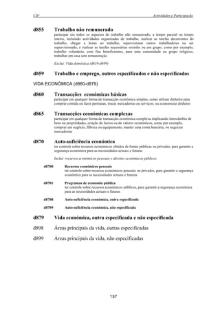 CIF Actividades e Participação
137
d855 Trabalho não remunerado
participar em todos os aspectos do trabalho não remunerado, a tempo parcial ou tempo
inteiro, incluindo actividades organizadas de trabalho, realizar as tarefas decorrentes do
trabalho, chegar a horas ao trabalho, supervisionar outros trabalhadores ou ser
supervisionado, e realizar as tarefas necessárias sozinho ou em grupo, como por exemplo,
trabalho voluntário, com fins beneficientes, para uma comunidade ou grupo religioso,
trabalhar em casa sem remuneração
Exclui: Vida doméstica (d610-d699)
d859 Trabalho e emprego, outros especificados e não especificados
VIDA ECONÓMICA (d860-d879)
d860 Transacções económicas básicas
participar em qualquer forma de transacção económica simples, como utilizar dinheiro para
comprar comida ou fazer permutas, trocar mercadorias ou serviços; ou economizar dinheiro
d865 Transacções económicas complexas
participar em qualquer forma de transacção económica complexa implicando intercâmbio de
bens ou propriedades, criação de lucros ou de valores económicos, como por exemplo,
comprar um negócio, fábrica ou equipamento, manter uma conta bancária, ou negociar
mercadorias
d870 Auto-suficiência económica
ter controle sobre recursos económicos obtidos de fontes públicas ou privadas, para garantir a
segurança económica para as necessidades actuais e futuras
Inclui: recursos económicos pessoais e direitos económicos públicos
d8700 Recursos económicos pessoais
ter controle sobre recursos económicos pessoais ou privados, para garantir a segurança
económica para as necessidades actuais e futuras
d8701 Programas de economia pública
ter controle sobre recursos económicos públicos, para garantir a segurança económica
para as necessidades actuais e futuras
d8708 Auto-suficiência económica, outra especificada
d8709 Auto-suficiência económica, não especificada
d879 Vida económica, outra especificada e não especificada
d898 Áreas principais da vida, outras especificadas
d899 Áreas principais da vida, não especificadas
 