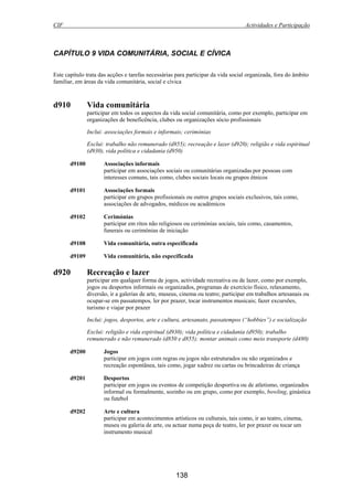 CIF Actividades e Participação
138
CAPÍTULO 9 VIDA COMUNITÁRIA, SOCIAL E CÍVICA
Este capítulo trata das acções e tarefas necessárias para participar da vida social organizada, fora do âmbito
familiar, em áreas da vida comunitária, social e cívica
d910 Vida comunitária
participar em todos os aspectos da vida social comunitária, como por exemplo, participar em
organizações de beneficência, clubes ou organizações sócio profissionais
Inclui: associações formais e informais; cerimónias
Exclui: trabalho não remunerado (d855); recreação e lazer (d920); religião e vida espiritual
(d930), vida política e cidadania (d950)
d9100 Associações informais
participar em associações sociais ou comunitárias organizadas por pessoas com
interesses comuns, tais como, clubes sociais locais ou grupos étnicos
d9101 Associações formais
participar em grupos profissionais ou outros grupos sociais exclusivos, tais como,
associações de advogados, médicos ou académicos
d9102 Cerimónias
participar em ritos não religiosos ou cerimónias sociais, tais como, casamentos,
funerais ou cerimónias de iniciação
d9108 Vida comunitária, outra especificada
d9109 Vida comunitária, não especificada
d920 Recreação e lazer
participar em qualquer forma de jogos, actividade recreativa ou de lazer, como por exemplo,
jogos ou desportos informais ou organizados, programas de exercício físico, relaxamento,
diversão, ir a galerias de arte, museus, cinema ou teatro; participar em trabalhos artesanais ou
ocupar-se em passatempos, ler por prazer, tocar instrumentos musicais; fazer excursões,
turismo e viajar por prazer
Inclui: jogos, desportos, arte e cultura, artesanato, passatempos (“hobbies”) e socialização
Exclui: religião e vida espiritual (d930); vida política e cidadania (d950); trabalho
remunerado e não remunerado (d850 e d855); montar animais como meio transporte (d480)
d9200 Jogos
participar em jogos com regras ou jogos não estruturados ou não organizados e
recreação espontânea, tais como, jogar xadrez ou cartas ou brincadeiras de criança
d9201 Desportos
participar em jogos ou eventos de competição desportiva ou de atletismo, organizados
informal ou formalmente, sozinho ou em grupo, como por exemplo, bowling, ginástica
ou futebol
d9202 Arte e cultura
participar em acontecimentos artísticos ou culturais, tais como, ir ao teatro, cinema,
museu ou galeria de arte, ou actuar numa peça de teatro, ler por prazer ou tocar um
instrumento musical
 