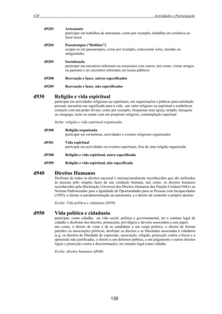 CIF Actividades e Participação
139
d9203 Artesanato
participar em trabalhos de artesanato, como por exemplo, trabalhar em cerâmica ou
fazer tricot
d9204 Passatempos (“Hobbies”)
ocupar-se em passatempos, como por exemplo, coleccionar selos, moedas ou
antiguidadesantiguidades)
d9205 Socialização
participar em encontros informais ou ocasionais com outros, tais como, visitar amigos
ou parentes e ter encontros informais em locais públicos
d9208 Recreação e lazer, outros especificados
d9209 Recreação e lazer, não especificados
d930 Religião e vida espiritual
participar em actividades religiosas ou espirituais, em organizações e práticas para satisfação
pessoal, encontrar um significado para a vida , um valor religioso ou espiritual e estabelecer
contacto com um poder divino, como por exemplo, frequentar uma igreja, templo, mesquita
ou sinagoga, rezar ou cantar com um propósito religioso, contemplação espiritual
Inclui: religião e vida espiritual organizadas
d9300 Religião organizada
participar em cerimónias, actividades e eventos religiosos organizados
d9301 Vida espiritual
participar em actividades ou eventos espirituais, fora de uma religião organizada
d9308 Religião e vida espiritual, outra especificada
d9309 Religião e vida espiritual, não especificada
d940 Direitos Humanos
Desfrutar de todos os direitos nacional e internacionalmente reconhecidos que são atribuídos
às pessoas pelo simples facto da sua condição humana, tais como, os direitos humanos
reconhecidos pela Declaração Universal dos Direitos Humanos das Nações Unidas(1948) e as
Normas Padronizadas para a Igualdade de Oportunidades para as Pessoas com Incapacidades
(1993); o direito à autodeterminação ou autonomia; e o direito de controlar o próprio destino
Exclui: Vida política e cidadania (d950)
d950 Vida política e cidadania
participar, como cidadão, na vida social, política e governamental, ter o estatuto legal de
cidadão e desfrutar dos direitos, protecções, privilégios e deveres associados a este papel,
tais como, o direito de votar e de se candidatar a um cargo político, o direito de formar
partidos ou associações políticas; desfrutar os direitos e as liberdades associadas à cidadania
(e.g. os direitos de liberdade de expressão, associação, religião, protecção contra a busca e a
apreensão não justificadas, o direito a um defensor público, a um julgamento e outros direitos
legais e protecção contra a discriminação); ter estatuto legal como cidadão
Exclui: direitos humanos (d940)
 