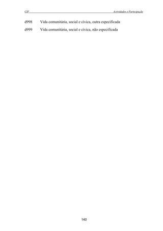 CIF Actividades e Participação
140
d998 Vida comunitária, social e cívica, outra especificada
d999 Vida comunitária, social e cívica, não especificada
 