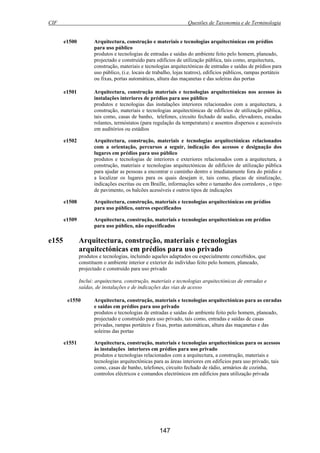 CIF Questões de Taxonomia e de Terminologia
147
e1500 Arquitectura, construção e materiais e tecnologias arquitectónicas em prédios
para uso público
produtos e tecnologias de entradas e saídas do ambiente feito pelo homem, planeado,
projectado e construído para edifícios de utilização pública, tais como, arquitectura,
construção, materiais e tecnologias arquitectónicas de entradas e saídas de prédios para
uso público, (i.e. locais de trabalho, lojas teatros), edifícios públicos, rampas portáteis
ou fixas, portas automáticas, altura das maçanetas e das soleiras das portas
e1501 Arquitectura, construção materiais e tecnologias arquitectónicas nos acessos às
instalações interiores de prédios para uso público
produtos e tecnologias das instalações interiores relacionados com a arquitectura, a
construção, materiais e tecnologias arquitectónicas de edifícios de utilização pública,
tais como, casas de banho, telefones, circuito fechado de audio, elevadores, escadas
rolantes, termóstatos (para regulação da temperatura) e assentos dispersos e acessíveis
em auditórios ou estádios
e1502 Arquitectura, construção, materiais e tecnologias arquitectónicas relacionados
com a orientação, percursos a seguir, indicação dos acessos e designação dos
lugares em prédios para uso público
produtos e tecnologias de interiores e exteriores relacionados com a arquitectura, a
construção, materiais e tecnologias arquitectónicas de edifícios de utilização pública
para ajudar as pessoas a encontrar o caminho dentro e imediatamente fora do prédio e
a localizar os lugares para os quais desejam ir, tais como, placas de sinalização,
indicações escritas ou em Braille, informações sobre o tamanho dos corredores , o tipo
de pavimento, os balcões acessíveis e outros tipos de indicações
e1508 Arquitectura, construção, materiais e tecnologias arquitectónicas em prédios
para uso público, outros especificados
e1509 Arquitectura, construção, materiais e tecnologias arquitectónicas em prédios
para uso público, não especificados
e155 Arquitectura, construção, materiais e tecnologias
arquitectónicas em prédios para uso privado
produtos e tecnologias, incluindo aqueles adaptados ou especialmente concebidos, que
constituem o ambiente interior e exterior do indivíduo feito pelo homem, planeado,
projectado e construído para uso privado
Inclui: arquitectura, construção, materiais e tecnologias arquitectónicas de entradas e
saídas, de instalações e de indicações das vias de acesso
e1550 Arquitectura, construção, materiais e tecnologias arquitectónicas para as enradas
e saídas em prédios para uso privado
produtos e tecnologias de entradas e saídas do ambiente feito pelo homem, planeado,
projectado e construído para uso privado, tais como, entradas e saídas de casas
privadas, rampas portáteis e fixas, portas automáticas, altura das maçanetas e das
soleiras das portas
e1551 Arquitectura, construção, materiais e tecnologias arquitectónicas para os acessos
às instalações interiores em prédios para uso privado
produtos e tecnologias relacionados com a arquitectura, a construção, materiais e
tecnologias arquitectónicas para as áreas interiores em edificios para uso privado, tais
como, casas de banho, telefones, circuito fechado de rádio, armários de cozinha,
controlos eléctricos e comandos electrónicos em edifícios para utilização privada
 