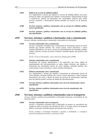 CIF Questões de Taxonomia e de Terminologia
161
e5302 Políticas de serviços de utilidade pública
leis, regulamentos e normas que regulam os serviços de utilidade pública, tais como,
normas de saúde e de segurança que regulam o fornecimento e abastecimento de água
e combustíveis, práticas de saneamento nas comunidades, políticas para outros
serviços essenciais e fornecimentos durante períodos de escassez ou de desastres
naturais
e5308 Serviços, sistemas e políticas relacionados com os serviços de utilidade pública,
outros especificados
e5309 Serviços, sistemas e políticas relacionados com os serviços de utilidade pública,
não especificados
e535 Serviços, sistemas e políticas relacionados com a comunicação
serviços, sistemas e políticas para a transmissão e intercâmbio de informações
e5350 Serviços relacionados com a comunicação
serviços e programas orientados para a transmissão de informações através de vários
métodos que incluem telefone, fax, correio postal, correio electrónico e outros
sistemas informáticos, tais como, serviços de encaminhamento de chamadas, teletipo,
modem, teletexto, serviços de acesso à Internet, incluindo aqueles que prestam esses
serviços,
Exclui: serviços relacionados com os meios de comunicação (e5600)
e5351 Sistemas relacionados com a comunicação
mecanismos de controlo administrativo e de supervisão, tais como, órgãos de
regulamentação das telecomunicações ou outros órgãos similares, que regulam a
transmissão das informações através de vários métodos, incluindo telefone, fax,
correio postal, correio electrónico e outros sistemas informáticos
e5352 Políticas relacionadas com a comunicação
leis, regulamentos e normas que regulam a transmissão de informações através de
vários métodos, incluindo telefone, fax, correio, correio electrónico e outros sistemas
informáticos, tais como, o direito de acesso aos serviços de comunicação, requisitos
para um endereço postal e normas em matéria de telecomunicações
e5358 Serviços, sistemas e políticas relacionados com a área da comunicações, outros
especificados
e5359 Serviços, sistemas e políticas relacionados com a área da comunicação, não
especificados
e540 Serviços, sistemas e políticas relacionados com os transportes
serviços, sistemas e políticas que possibilitam a deslocação de pessoas e mercadorias de um
local para outro
e5400 Serviços relacionados com os transportes
serviços e programas orientados para a deslocação de pessoas ou mercadorias por
estrada ou outra via terrestre, por caminho de ferro, ar ou água, através de transporte
público ou privado, incluindo aqueles que prestam esses serviços,
Exclui: produtos e tecnologias destinados a facilitar a mobilidade e o transporte
pessoal em ambientes interiores e exteriores (e120)
 