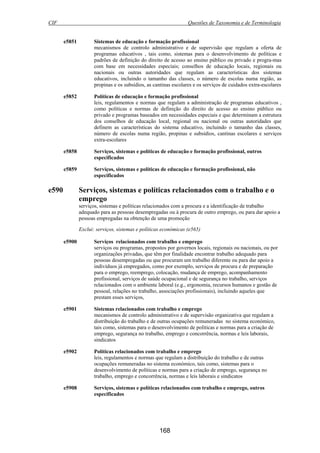 CIF Questões de Taxonomia e de Terminologia
168
e5851 Sistemas de educação e formação profissional
mecanismos de controlo administrativo e de supervisão que regulam a oferta de
programas educativos , tais como, sistemas para o desenvolvimento de políticas e
padrões de definição do direito de acesso ao ensino público ou privado e progra-mas
com base em necessidades especiais; conselhos de educação locais, regionais ou
nacionais ou outras autoridades que regulam as características dos sistemas
educativos, incluindo o tamanho das classes, o número de escolas numa região, as
propinas e os subsídios, as cantinas escolares e os serviços de cuidados extra-escolares
e5852 Políticas de educação e formação profissional
leis, regulamentos e normas que regulam a administração de programas educativos ,
como políticas e normas de definição do direito de acesso ao ensino público ou
privado e programas baseados em necessidades especiais e que determinam a estrutura
dos conselhos de educação local, regional ou nacional ou outras autoridades que
definem as características do sistema educativo, incluindo o tamanho das classes,
número de escolas numa região, propinas e subsídios, cantinas escolares e serviços
extra-escolares
e5858 Serviços, sistemas e políticas de educação e formação profissional, outros
especificados
e5859 Serviços, sistemas e políticas de educação e formação profissional, não
especificados
e590 Serviços, sistemas e políticas relacionados com o trabalho e o
emprego
serviços, sistemas e políticas relacionados com a procura e a identificação de trabalho
adequado para as pessoas desempregadas ou à procura de outro emprego, ou para dar apoio a
pessoas empregadas na obtenção de uma promoção
Exclui: serviços, sistemas e políticas económicas (e565)
e5900 Serviços relacionados com trabalho e emprego
serviços ou programas, propostos por governos locais, regionais ou nacionais, ou por
organizações privadas, que têm por finalidade encontrar trabalho adequado para
pessoas desempregadas ou que procuram um trabalho diferente ou para dar apoio a
indivíduos já empregados, como por exemplo, serviços de procura e de preparação
para o emprego, reemprego, colocação, mudança de emprego, acompanhamento
profissional, serviços de saúde ocupacional e de segurança no trabalho, serviços
relacionados com o ambiente laboral (e.g., ergonomia, recursos humanos e gestão de
pessoal, relações no trabalho, associações profissionais), incluindo aqueles que
prestam esses serviços,
e5901 Sistemas relacionados com trabalho e emprego
mecanismos de controlo administrativo e de supervisão organizativa que regulam a
distribuição do trabalho e de outras ocupações remuneradas no sistema económico,
tais como, sistemas para o desenvolvimento de políticas e normas para a criação de
emprego, segurança no trabalho, emprego e concorrência, normas e leis laborais,
sindicatos
e5902 Políticas relacionados com trabalho e emprego
leis, regulamentos e normas que regulam a distribuição do trabalho e de outras
ocupações remuneradas no sistema económico, tais como, sistemas para o
desenvolvimento de políticas e normas para a criação de emprego, segurança no
trabalho, emprego e concorrência, normas e leis laborais e sindicatos
e5908 Serviços, sistemas e políticas relacionados com trabalho e emprego, outros
especificados
 