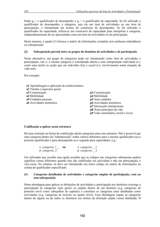 CIF Utilizações possíveis da lista de Actividades e Participação
192
Onde qp = o qualificador de desempenho e qc = o qualificador de capacidade. Se for utilizado o
qualificador de desempenho, a categoria, seja ela um item de actividades ou um item de
participação, é interpretada em termos do constructo de desempenho. Se for utilizado o
qualificador de capacidade, utiliza-se um constructo de capacidade para interpretar a categoria,
independentemente de ser apresentada como um item de actividades ou de participação.
Desta maneira, a opção (1) fornece a matriz de informações completa sem nenhuma redundância
ou sobreposição.
(2) Sobreposição parcial entre os grupos de domínios de actividades e de participação
Nesta alternativa, um grupo de categorias pode ser interpretado como item de actividades e
participação, isto é, a mesma categoria é considerada aberta a uma interpretação individual (i.e.
como uma tarefa ou acção que um indivíduo faz) e social (i.e. envolvimento numa situação da
vida real).
Por exemplo:
a1 Aprendizagem e aplicação de conhecimentos
a2 Tarefas e requisitos gerais
a3 Comunicação p3 Comunicação
a4 Mobilidade p4 Mobilidade
a5 Cuidados pessoais p5 Auto cuidados
a6 Actividades doméstica p6 Actividades doméstica
p7 Interacções interpessoais
p8 Áreas principais da vida
p9 Vida comunitária, social e cívica
Codificação a aplicar nesta estrutura
Há uma restrição na forma de codificação destas categorias para esta estrutura. Não é possível que
uma categoria dentro da “sobreposição” tenha valores diferentes para o mesmo qualificador (ou o
primeiro qualificador é para desempenho ou o segundo para capacidade), e.g.:
a categoria. 1 _ ou a categoria. _ 1
p categoria. 2 p categoria. _ 2
Um utilizador que escolha esta opção acredita que os códigos nas categorias sobrepostas podem
significar coisas diferentes quando elas são codificadas em actividade e não em participação, e
vice-versa. No entanto, só deve ser introduzido um único código na matriz de informações na
coluna do qualificador especificado.
(3) Categorias detalhadas de actividades e categorias amplas de participação, com ou
sem sobreposição
Outra abordagem para aplicar as definições de actividades e participação aos domínios restringe a
participação às categorias mais gerais ou amplas dentro de um domínio (e.g. categorias de
primeiro nível como cabeçalhos de capítulo) e considera as categorias mais detalhadas como
actividades (e.g. categorias de terceiro ou quarto nível). Essa abordagem separa as categorias
dentro de alguns ou de todos os domínios em termos da distinção ampla versus detalhada. O
 