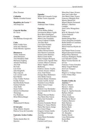 CIF Agradecimentos
215
Zhou Xiaonan
Colômbia
Martha Aristabal Gomez
República da Coreia **
Ack-Seop Lee
Costa do Marfim
B. Claver
Croácia
Ana Bobinac-Georgievski
Cuba
Pedro Valdés Sosa
Jesús Saiz Sánchez
Frank Morales Aguilera
Dinamarca
Terkel Andersen
Aksel Bertelsen
Tora Haraldsen Dahl
Marianne Engberg
Annette Flensborg
Ane Fink
Per Fink
Lise From
Jette Haugbolle
Stig Langvad
Lars von der Lieth
Kurt Moller
Claus Vinther Nielsen
Freddy Nielsen
Kamilla Rothe Nissen
Gunnar Schioler
Anne Sloth
Susan Tetler
Selena Forchhammer
Thonnings
Eva Wæhrens
Brita Ohlenschlæger
Egipto
Mohammed El-Banna
El Salvador
Jorge Alberto Alcarón
Patricia Tovar de Canizalez
Emirados Árabes Unidos
**
Sheika Jamila Bint Al-
Qassimi
Equador
Maria del Consuelo Crespo
Walter Torres Izquierdo
Eslovénia
Andreeja Fatur-Videtec
Espanha
Alvaro Bilbao Bilbao
Encarnación Blanco Egido
Rosa Bravo Rodriguez
María José Cabo González
Marta Cano Fernández
Laura Cardenal Villalba
Ana Diez Ruiz
Luis Gaite Pindado
María García José
Ana Gómez Silió
Andres Herran Gómez
Sara Herrera Castanedo
Ismael Lastra Martinez
Marta Uriarte Ituiño
Elena Vázquez Bourgon
Antonio León Aguado Díaz
Carmen Albeza Contreras
María Angeles Aldana
Berberana
Federico Alonso Trujillo
Carmen Alvarez Arbesú
Jesus Artal Simon
Enrique Baca Baldomero
Julio Bobes García
Antonio Bueno Alcántara
Tomás Castillo Arenal
Valentín Corces Pando
María Teresa Crespo
Abelleira
Roberto Cruz Hernández
José Armando De Vierna
Amigo
Manuel Desviat Muñoz
Ana María Díaz Garcia
María José Eizmendi
Apellaniz
Antonio Fernández Moral
Manuel A. Franco Martín
María Mar García Amigo
José Giner-Ubago
Gregorio Gómez-Jarabo
José Manuel Gorospe
Arocena
Juana María Hernández
Rodriguez
Carmen Leal Cercos
Marcelino López Alvarez
Juan José Lopez-Ibor
Ana María López Trenco
Francisco Margallo Polo
Monica Martín Gil
Miguel Martín Zurimendi
Manuel J. Martínez
Cardeña
Juan Carlos Miangolarra
Page
Rosa M. Montoliu Valls
Teresa Orihuela
Villameriel
Sandra Ortega Mera
Gracia Parquiña Fernández
Rafael Peñalver Castellano
Jesusa Pertejo
María Francisca Peydro de
Moya
Juan Rafael Prieto Lucena
Miguel Querejeta González
Miquel Roca Bennasar
Francisco Rodríguez Pulido
Luis Salvador Carulla
María Vicenta Sánchez de
la Cruz
Francisco Torres González
María Triquell Manuel
José Luis Vázquez-
Barquero
Miguel A. Verdugo Alonso
Carlos Villaro Díaz-
Jiménez
Estados Unidos da
América **
Harvey Abrams
Myron J. Adams
Michelle Adler
Sergio A. Aguilor-Gaxiola
Barbara Altman
Alicia Amate
William Anthony
Susan Spear Basset
Frederica Barrows
Mark Battista
Robert Battjes
Barbara Beck
Karin Behe
Cynthia D. Belar
J.G. Benedict
Stanley Berent
Linas Bieliauskas
Karen Blair
F. Bloch
 