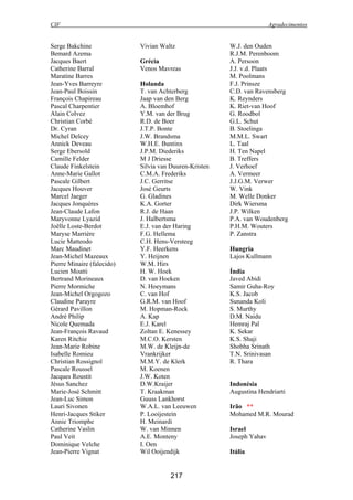 CIF Agradecimentos
217
Serge Bakchine
Bemard Azema
Jacques Baert
Catherine Barral
Maratine Barres
Jean-Yves Barreyre
Jean-Paul Boissin
François Chapireau
Pascal Charpentier
Alain Colvez
Christian Corbé
Dr. Cyran
Michel Delcey
Annick Deveau
Serge Ebersold
Camille Felder
Claude Finkelstein
Anne-Marie Gallot
Pascale Gilbert
Jacques Houver
Marcel Jaeger
Jacques Jonquères
Jean-Claude Lafon
Maryvonne Lyazid
Joëlle Loste-Berdot
Maryse Marrière
Lucie Matteodo
Marc Maudinet
Jean-Michel Mazeaux
Pierre Minaire (falecido)
Lucien Moatti
Bertrand Morineaux
Pierre Mormiche
Jean-Michel Orgogozo
Claudine Parayre
Gérard Pavillon
André Philip
Nicole Quemada
Jean-François Ravaud
Karen Ritchie
Jean-Marie Robine
Isabelle Romieu
Christian Rossignol
Pascale Roussel
Jacques Roustit
Jésus Sanchez
Marie-José Schmitt
Jean-Luc Simon
Lauri Sivonen
Henri-Jacques Stiker
Annie Triomphe
Catherine Vaslin
Paul Veit
Dominique Velche
Jean-Pierre Vignat
Vivian Waltz
Grécia
Venos Mavreas
Holanda
T. van Achterberg
Jaap van den Berg
A. Bloemhof
Y.M. van der Brug
R.D. de Boer
J.T.P. Bonte
J.W. Brandsma
W.H.E. Buntinx
J.P.M. Diederiks
M J Driesse
Silvia van Duuren-Kristen
C.M.A. Frederiks
J.C. Gerritse
José Geurts
G. Gladines
K.A. Gorter
R.J. de Haan
J. Halbertsma
E.J. van der Haring
F.G. Hellema
C.H. Hens-Versteeg
Y.F. Heerkens
Y. Heijnen
W.M. Hirs
H. W. Hoek
D. van Hoeken
N. Hoeymans
C. van Hof
G.R.M. van Hoof
M. Hopman-Rock
A. Kap
E.J. Karel
Zoltan E. Kenessey
M.C.O. Kersten
M.W. de Kleijn-de
Vrankrijker
M.M.Y. de Klerk
M. Koenen
J.W. Koten
D.W.Kraijer
T. Kraakman
Guuss Lankhorst
W.A.L. van Leeuwen
P. Looijestein
H. Meinardi
W. van Minnen
A.E. Monteny
I. Oen
Wil Ooijendijk
W.J. den Ouden
R.J.M. Perenboom
A. Persoon
J.J. v.d. Plaats
M. Poolmans
F.J. Prinsze
C.D. van Ravensberg
K. Reynders
K. Riet-van Hoof
G. Roodbol
G.L. Schut
B. Stoelinga
M.M.L. Swart
L. Taal
H. Ten Napel
B. Treffers
J. Verhoef
A. Vermeer
J.J.G.M. Verwer
W. Vink
M. Welle Donker
Dirk Wiersma
J.P. Wilken
P.A. van Woudenberg
P.H.M. Wouters
P. Zanstra
Hungria
Lajos Kullmann
Índia
Javed Abidi
Samir Guha-Roy
K.S. Jacob
Sunanda Koli
S. Murthy
D.M. Naidu
Hemraj Pal
K. Sekar
K.S. Shaji
Shobha Srinath
T.N. Srinivasan
R. Thara
Indonésia
Augustina Hendriarti
Irão **
Mohamed M.R. Mourad
Israel
Joseph Yahav
Itália
 
