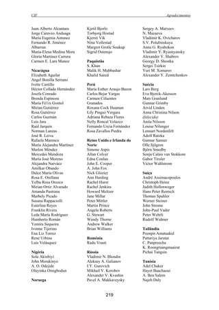 CIF Agradecimentos
219
Juan Alberto Alcantara
Jorge Caraveo Anduaga
María Eugenia Antunez
Fernando R. Jiménez
Albarran
Maria-Elena Medina Mora
Gloria Martinez Carrera
Carmen E. Lara Munoz
Nicarágua
Elizabeth Aguilar
Angel Bonilla Serrano
Ivette Castillo
Héctor Collado Hernández
Josefa Conrado
Brenda Espinoza
María Fé1ix Gontol
Mirian Gutiérrez
Rosa Gutiérrez
Carlos Guzmán
Luis Jara
Raúl Jarquin
Norman Lanzas
José R. Leiva
Rafaela Marenco
María Alejandra Martínez
Marlon Méndez
Mercedes Mendoza
María José Moreno
Alejandra Narváez
Amilkar Obando
Dulce María Olivas
Rosa E. Orellana
Yelba Rosa Orozco
Mirian Ortiz Alvarado
Amanda Pastrana
Marbely Picado
Susana Rappaciolli
Esterlina Reyes
Franklin Rivera
Leda María Rodríguez
Humberto Román
Yemira Sequeira
Ivonne Tijerino
Ena Liz Torrez
Rene Urbina
Luis Velásquez
Nigéria
Sola Akinbiyi
John Morakinyo
A. O. Odejide
Olayinka Omigbodun
Noruega
Kjetil Bjorlo
Torbjorg Hostad
Kjersti Vik
Nina Vollestad
Margret Grotle Soukup
Sigrid Ostensjo
Paquistão
S. Khan
Malik H. Mubbashar
Khalid Saeed
Perú
María Esther Araujo Bazon
Carlos Bejar Vargas
Carmen Cifuentes
Granados
Roxana Cock Huaman
Lily Pinguz Vergara
Adriana Rebaza Flores
Nelly Roncal Velazco
Fernando Urcia Fernández
Rosa Zavallos Piedra
Reino Unido e Irlanda do
Norte
Simone Aspis
Allan Colver
Edna Conlan
John E. Cooper
A. John Fox
Nick Glozier
Ann Harding
Rachel Hurst
Rachel Jenkins
Howard Meltzer
Jane Millar
Peter Mittler
Martin Prince
Angela Roberts
G. Stewart
Wendy Thorne
Andrew Walker
Brian Williams
Roménia
Radu Vrasti
Rússia
Vladimir N. Blondin
Aleksey A. Galianov
I.Y. Gurovich
Mikhail V. Korobov
Alexander V. Kvashin
Pavel A. Makkaveysky
Sergey A. Matveev
N. Mazaeva
Vladimir K. Ovtcharov
S.V. Polubinskaya
Anna G. Ryabokon
Vladimir Y. Ryasnyansky
Alexander V. Shabrov
Georgy D. Shostka
Sergei Tsirkin
Yuri M. Xomarov
Alexander Y. Zemtchenkov
Suécia
Lars Berg
Eva Bjorck-Akesson
Mats Granlund
Gunnar Grimby
Arvid Linden
Anna Christina Nilson
(falecida)
Anita Nilsson
Louise Nilunger
Lennart Nordenfelt
Adolf Ratzka
Gunnar Sanner
Olle Sjögren
Björn Smedby
Sonja Calais van Stokkom
Gabor Tiroler
Victor Wahlstrom
Suíça
André Assimacopoulos
Christoph Heinz
Judith Hollenweger
Hans Peter Rentsch
Thomas Spuhler
Werner Steiner
John Strome
John-Paul Vader
Peter Wehrli
Rudolf Widmer
Tailândia
Poonpit Amatuakul
Pattariya Jarutat
C. Panpreecha
K. Roongruangmaairat
Pichai Tangsin
Tunísia
Adel Chaker
Hayet Baachaoui
A. Ben Salem
Najeh Daly
 