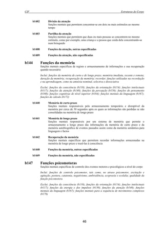 CIF Estruturas do Corpo
46
b1402 Divisão da atenção
funções mentais que permitem concentrar-se em dois ou mais estímulos ao mesmo
tempo
b1403 Partilha da atenção
funções mentais que permitem que duas ou mais pessoas se concentrem no mesmo
estímulo, como por exemplo, uma criança e a pessoa que cuida dela concentrando-se
num brinquedo
b1408 Funções da atenção, outras especificadas
b1409 Funções da atenção, não especificadas
b144 Funções da memória
funções mentais específicas de registo e armazenamento de informações e sua recuperação
quando necessário
Inclui: funções da memória de curto e de longo prazo; memória imediata, recente e remota;
duração da memória; recuperação da memória; recordar; funções utilizadas na recordação
e na aprendizagem, como na amnésia nominal, selectiva e dissociativa
Exclui: funções da consciência (b110); funções da orientação (b114); funções intelectuais
(b117); funções da atenção (b140); funções da percepção (b156); funções do pensamento
(b160); funções cognitivas de nível superior (b164); funções mentais da linguagem (b167);
funções de cálculo (b172)
b1440 Memória de curto prazo
funções mentais responsáveis pelo armazenamento temporário e disruptível da
memória por cerca de 30 segundos após os quais as informações são perdidas se não
consolidadas na memória de longo prazo
b1441 Memória de longo prazo
funções mentais responsáveis por um sistema de memória que permite o
armazenamento a longo prazo das informações da memória de curto prazo e da
memória autobiográfica de eventos passados assim como da memória semântica para
linguagem e factos
b1442 Recuperação da memória
funções mentais específicas que permitem recordar informações armazenadas na
memória de longo prazo e trazê-las à consciência
b1448 Funções da memória, outras especificadas
b1449 Funções da memória, não especificadas
b147 Funções psicomotoras
funções mentais específicas de controlo dos eventos motores e psicológicos a nível do corpo
Inclui: funções de controlo psicomotor, tais como, no atraso psicomotor, excitação e
agitação, postura, catatonia, negativismo, ambivalência, ecopraxia e ecolalia; qualidade da
função psicomotora
Exclui: funções da consciência (b110); funções da orientação (b114); funções intelectuais
(b117); funções da energia e dos impulsos (b130); funções da atenção (b140); funções
mentais da linguagem (b167); funções mentais para a sequência de movimentos complexos
(b176)
 