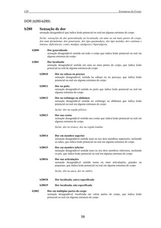 CIF Estruturas do Corpo
58
DOR (b280-b289)
b280 Sensação de dor
sensação desagradável que indica lesão potencial ou real em alguma estrutura do corpo
Inclui: sensações de dor generalizada ou localizada, em uma ou em mais partes do corpo,
dor num dermátomo, dor penetrante, dor tipo queimadura, dor tipo moínha, dor contínua e
intensa; deficiências, como, mialgia, analgesia e hiperalgesia
b2800 Dor generalizada
sensação desagradável sentida em todo o corpo que indica lesão potencial ou real em
alguma estrutura do corpo
b2801 Dor localizada
sensação desagradável sentida em uma ou mais partes do corpo, que indica lesão
potencial ou real de alguma estrutura do corpo
b28010 Dor na cabeça ou pescoço
sensação desagradável, sentida na cabeça ou no pescoço, que indica lesão
potencial ou real em alguma estrutura do corpo
b28011 Dor no peito
sensação desagradável sentida no peito que indica lesão potencial ou real em
alguma estrutura do corpo
b28012 Dor no estômago ou abdómen
sensação desagradável sentida no estômago ou abdómen que indica lesão
potencial ou real em alguma estrutura do corpo
Inclui: dor na região pélvica
b28013 Dor nas costas
sensação desagradável sentida nas costas que indica lesão potencial ou real em
alguma estrutura do corpo
Inclui: dor no tronco; dor na região lombar
b28014 Dor em membro superior
sensação desagradável sentida num ou nos dois membros superiores, incluindo
as mãos, que indica lesão potencial ou real em alguma estrutura do corpo
b28015 Dor em membro inferior
sensação desagradável sentida num ou nos dois membros inferiores, incluindo
os pés, que indica lesão potencial ou real em alguma estrutura do corpo
b28016 Dor nas articulações
sensação desagradável sentida numa ou mais articulações, grandes ou
pequenas, que indica lesão potencial ou real em alguma estrutura do corpo
Inclui: dor na anca, dor no ombro
b28018 Dor localizada, outra especificada
b28019 Dor localizada, não especificada
b2802 Dor em múltiplas partes do corpo
sensação desagradável, localizada em várias partes do corpo, que indica lesão
potencial ou real em alguma estrutura do corpo
 