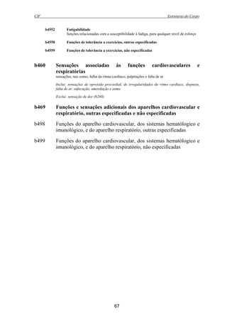 CIF Estruturas do Corpo
67
b4552 Fatigabilidade
funções relacionadas com a susceptibilidade à fadiga, para qualquer nível de esforço
b4558 Funções de tolerância a exercícios, outras especificadas
b4559 Funções de tolerância a exercícios, não especificadas
b460 Sensações associadas às funções cardiovasculares e
respiratórias
sensações, tais como, falha do ritmo cardíaco, palpitações e falta de ar
Inclui: sensações de opressão precordial, de irregularidades do ritmo cardíaco, dispneia,
falta de ar, sufocação, amordação e asma
Exclui: sensação de dor (b280)
b469 Funções e sensações adicionais dos aparelhos cardiovascular e
respiratório, outras especificadas e não especificadas
b498 Funções do aparelho cardiovascular, dos sistemas hematólogico e
imunológico, e do aparelho respiratório, outras especificadas
b499 Funções do aparelho cardiovascular, dos sistemas hematólogico e
imunológico, e do aparelho respiratório, não especificadas
 