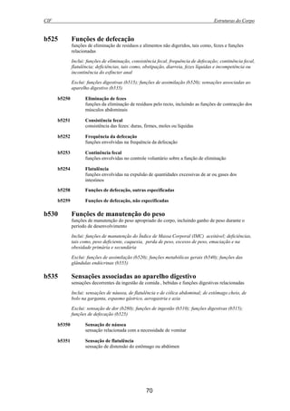 CIF Estruturas do Corpo
70
b525 Funções de defecação
funções de eliminação de resíduos e alimentos não digeridos, tais como, fezes e funções
relacionadas
Inclui: funções de eliminação, consistência fecal, frequência de defecação; continência fecal,
flatulência; deficiências, tais como, obstipação, diarreia, fezes líquidas e incompetência ou
incontinência do esfíncter anal
Exclui: funções digestivas (b515); funções de assimilação (b520); sensações associadas ao
aparelho digestivo (b535)
b5250 Eliminação de fezes
funções da eliminação de resíduos pelo recto, incluindo as funções de contracção dos
músculos abdominais
b5251 Consistência fecal
consistência das fezes: duras, firmes, moles ou líquidas
b5252 Frequência da defecação
funções envolvidas na frequência da defecação
b5253 Continência fecal
funções envolvidas no controle voluntário sobre a função de eliminação
b5254 Flatulência
funções envolvidas na expulsão de quantidades excessivas de ar ou gases dos
intestinos
b5258 Funções de defecação, outras especificadas
b5259 Funções de defecação, não especificadas
b530 Funções de manutenção do peso
funções de manutenção do peso apropriado do corpo, incluindo ganho de peso durante o
período de desenvolvimento
Inclui: funções de manutenção do Índice de Massa Corporal (IMC) aceitável; deficiências,
tais como, peso deficiente, caquexia, perda de peso, excesso de peso, emaciação e na
obesidade primária e secundária
Exclui: funções de assimilação (b520); funções metabólicas gerais (b540); funções das
glândulas endócrinas (b555)
b535 Sensações associadas ao aparelho digestivo
sensações decorrentes da ingestão de comida , bebidas e funções digestivas relacionadas
Inclui: sensações de náusea, de flatulência e de cólica abdominal; de estômago cheio, de
bolo na garganta, espasmo gástrico, aerogastria e azia
Exclui: sensação de dor (b280); funções de ingestão (b510); funções digestivas (b515);
funções de defecação (b525)
b5350 Sensação de náusea
sensação relacionada com a necessidade de vomitar
b5351 Sensação de flatulência
sensação de distensão do estômago ou abdómen
 