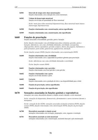 CIF Estruturas do Corpo
76
b6501 Intervalo de tempo entre duas menstruações
funções relacionadas com a duração dos ciclos menstruais
b6502 Volume da hemorragia menstrual
funções envolvidas na quantidade do fluxo menstrual
Inclui: muito pouco fluxo menstrual (hipomenorreia), fluxo menstrual muito intenso
(menorragia, hipermenorreia)
b6508 Funções relacionadas com a menstruação, outras especificadas
b6509 Funções relacionadas com a menstruação, não especificadas
b660 Funções de procriação
funções associadas à fecundidade, gravidez, parto e lactação
Inclui: funções relacionadas com a fertilidade masculina e feminina, gravidez, parto e
lactação; deficiências, tais como, fertilidade diminuída, esterilidade, azoospermia,
oligoospermia, abortos espontâneos, gravidez ectópica, aborto, feto pequeno, hidrâmnios e
parto prematuro, parto tardio, galactorreia, agalactorreia, alactação
Exclui: funções sexuais (b640); funções relacionadas com a menstruação (b650)
b6600 Funções relacionadas com a fertilidade
funções relacionadas com a capacidade de produzir gâmetas para procriação
Inclui: deficiências, tais como, fertilidade diminuída e esterilidade
Exclui: funções sexuais (b640)
b6601 Funções relacionadas com a gravidez
funções relacionadas com ficar grávida e estar grávida
b6602 Funções relacionadas com o parto
funções envolvidas durante o parto
b6603 Lactação
funções relacionadas com a produção de leite e sua disponibilidade para o bebé
b6608 Funções de procriação, outras especificadas
b6609 Funções de procriação, não especificadas
b670 Sensações associadas às funções genitais e reprodutivas
sensações, tais como, desconforto durante a relação sexual e durante o ciclo menstrual
Inclui: sensações de dispareunia, dismenorreia, afrontamentos e suores nocturnos durante a
menopausa
Exclui: sensação de dor (b280); sensações associadas às funções urinárias (b630); funções
sexuais (b640); funções relacionadas com a menstruação (b650); funções de procriação
(b660)
b6700 Desconforto associado à relação sexual
sensações relacionadas com excitação, preparação, coito, orgasmo e resolução
b6701 Desconforto associado ao ciclo menstrual
sensações relacionadas com a menstruação, incluindo fases pré e pós menstruação
 