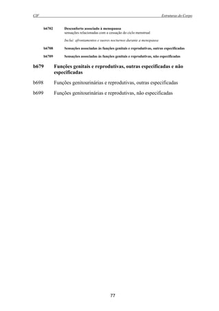 CIF Estruturas do Corpo
77
b6702 Desconforto associado à menopausa
sensações relacionadas com a cessação do ciclo menstrual
Inclui: afrontamentos e suores nocturnos durante a menopausa
b6708 Sensações associadas às funções genitais e reprodutivas, outras especificadas
b6709 Sensações associadas às funções genitais e reprodutivas, não especificadas
b679 Funções genitais e reprodutivas, outras especificadas e não
especificadas
b698 Funções genitourinárias e reprodutivas, outras especificadas
b699 Funções genitourinárias e reprodutivas, não especificadas
 
