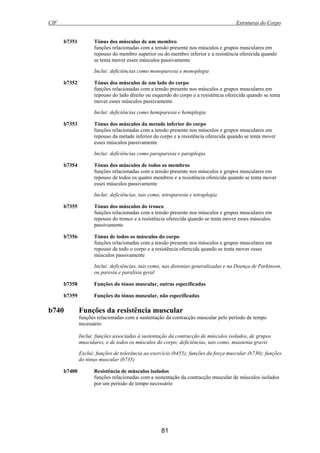 CIF Estruturas do Corpo
81
b7351 Tónus dos músculos de um membro
funções relacionadas com a tensão presente nos músculos e grupos musculares em
repouso do membro superior ou do membro inferior e a resistência oferecida quando
se tenta mover esses músculos passivamente
Inclui: deficiências como monoparesia e monoplegia
b7352 Tónus dos músculos de um lado do corpo
funções relacionadas com a tensão presente nos músculos e grupos musculares em
repouso do lado direito ou esquerdo do corpo e a resistência oferecida quando se tenta
mover esses músculos passivamente
Inclui: deficiências como hemiparesia e hemiplegia
b7353 Tónus dos músculos da metade inferior do corpo
funções relacionadas com a tensão presente nos músculos e grupos musculares em
repouso da metade inferior do corpo e a resistência oferecida quando se tenta mover
esses músculos passivamente
Inclui: deficiências como paraparesia e paraplegia
b7354 Tónus dos músculos de todos os membros
funções relacionadas com a tensão presente nos músculos e grupos musculares em
repouso de todos os quatro membros e a resistência oferecida quando se tenta mover
esses músculos passivamente
Inclui: deficiências, tais como, tetraparesia e tetraplegia
b7355 Tónus dos músculos do tronco
funções relacionadas com a tensão presente nos músculos e grupos musculares em
repouso do tronco e a resistência oferecida quando se tenta mover esses músculos
passivamente
b7356 Tónus de todos os músculos do corpo
funções relacionadas com a tensão presente nos músculos e grupos musculares em
repouso de todo o corpo e a resistência oferecida quando se tenta mover esses
músculos passivamente
Inclui: deficiências, tais como, nas distonias generalizadas e na Doença de Parkinson,
ou paresia e paralisia geral
b7358 Funções do tónus muscular, outras especificadas
b7359 Funções do tónus muscular, não especificadas
b740 Funções da resistência muscular
funções relacionadas com a sustentação da contracção muscular pelo período de tempo
necessário
Inclui: funções associadas à sustentação da contracção de músculos isolados, de grupos
musculares, e de todos os músculos do corpo; deficiências, tais como, miastenia gravis
Exclui; funções de tolerância ao exercício (b455); funções da força muscular (b730); funções
do tónus muscular (b735)
b7400 Resistência de músculos isolados
funções relacionadas com a sustentação da contracção muscular de músculos isolados
por um período de tempo necessário
 