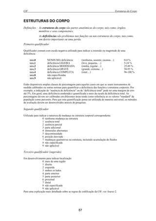 CIF Estruturas do Corpo
87
ESTRUTURAS DO CORPO
Definições : As estruturas do corpo são partes anatómicas do corpo, tais como, órgãos,
membros e seus componentes.
As deficiências são problemas nas funções ou nas estruturas do corpo, tais como,
um desvio importante ou uma perda.
Primeiro qualificador
Qualificador comum com escala negativa utilizado para indicar a extensão ou magnitude de uma
deficiência:
xxx.0 NENHUMA deficiência (nenhuma, ausente, escassa…) 0-4 %
xxx.1 deficiência LIGEIRA (leve, pequena,…) 5-24 %
xxx.2 deficiência MODÉRADA (média, regular…) 25-49 %
xxx.3 deficiência GRAVE (grande, extrema…) 50-95 %
xxx.4 deficiência COMPLETA (total…) 96-100 %
xxx.8 não especificadas
xxx.9 não aplicável
Estão disponíveis amplas classes de percentagens para aqueles casos em que se usam instrumentos de
medida calibrados ou outras normas para quantificar a deficiência das funções e estruturas corporais. Por
exemplo, a indicação de “ausência de deficiência” ou de “deficiência total” pode ter uma margem de erro
até 5%. Em geral, uma deficiência moderada é quantificada a meio da escala da deficiência total. As
percentagens devem ser calibradas em diferentes áreas tendo como referência as os valores "standard" da
população como percentis. Para que esta quantificação possa ser utilizada de maneira universal, os métodos
de avaliação devem ser desenvolvidos através de pesquisas.
Segundo qualificador
Utilizado para indicar a natureza da mudança na estrutura corporal correspondente.
0 nenhuma mudança na estrutura
1 ausência total
2 ausência parcial
3 parte adicional
4 dimensões aberrantes
5 descontinuidade
6 posição desviada
7 mudanças qualitativas na estrutura, incluindo acumulação de fluidos
8 não especificada
9 não aplicável
Terceiro qualificador (sugerido)
Em desenvolvimento para indicar localização
0 mais de uma região
1 direita
2 esquerda
3 ambos os lados
4 parte anterior
5 parte posterior
6 proximal
7 distal
8 não especificada
9 não aplicável
Para uma explicação mais detalhada sobre as regras de codificação da CIF, ver Anexo 2.
 