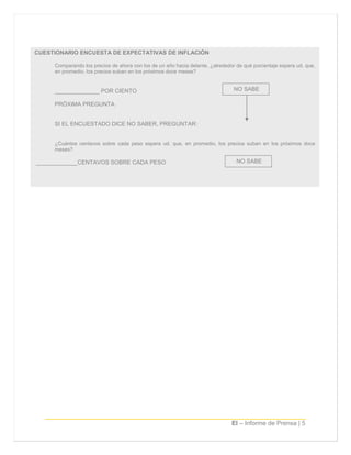 EI – Informe de Prensa | 5
CUESTIONARIO ENCUESTA DE EXPECTATIVAS DE INFLACIÓN
Comparando los precios de ahora con los de un año hacia delante, ¿alrededor de qué porcentaje espera ud. que,
en promedio, los precios suban en los próximos doce meses?
______________ POR CIENTO
PRÓXIMA PREGUNTA
SI EL ENCUESTADO DICE NO SABER, PREGUNTAR:
¿Cuántos centavos sobre cada peso espera ud. que, en promedio, los precios suban en los próximos doce
meses?
_____________CENTAVOS SOBRE CADA PESO
NO SABE
NO SABE
 