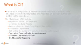 What is CI?
 Continuous Integration is a software practice in which isolated code
changes are immediately tested and reported on as soon as they are
added to the code base.
 Key Principles of CI include:
 Implement Source Control system
 Automate the Build Process
 Frequent Commits, Code Consolidation, Fast builds
 Automated Deployment
 Self testing the builds: Unit tests, Code Quality, Static Analysis
 Testing in a Clone to Production environment
 Automate User Acceptance Test
 Dashboards for Reporting
14©2015 InfoStretch Corporation.
 