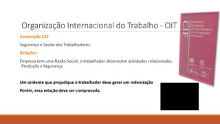 Convenção 155:
Segurança e Saúde dos Trabalhadores.
Relações:
Empresa tem uma Razão Social, o trabalhador desenvolve atividades relacionadas.
Produção x Segurança
Um acidente que prejudique o trabalhador deve gerar um indenização
Porém, essa relação deve ser comprovada.
Organização Internacional do Trabalho - OIT
 