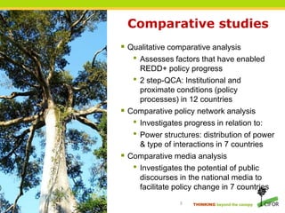 THINKING beyond the canopy
Comparative studies
 Qualitative comparative analysis
• Assesses factors that have enabled
RED...