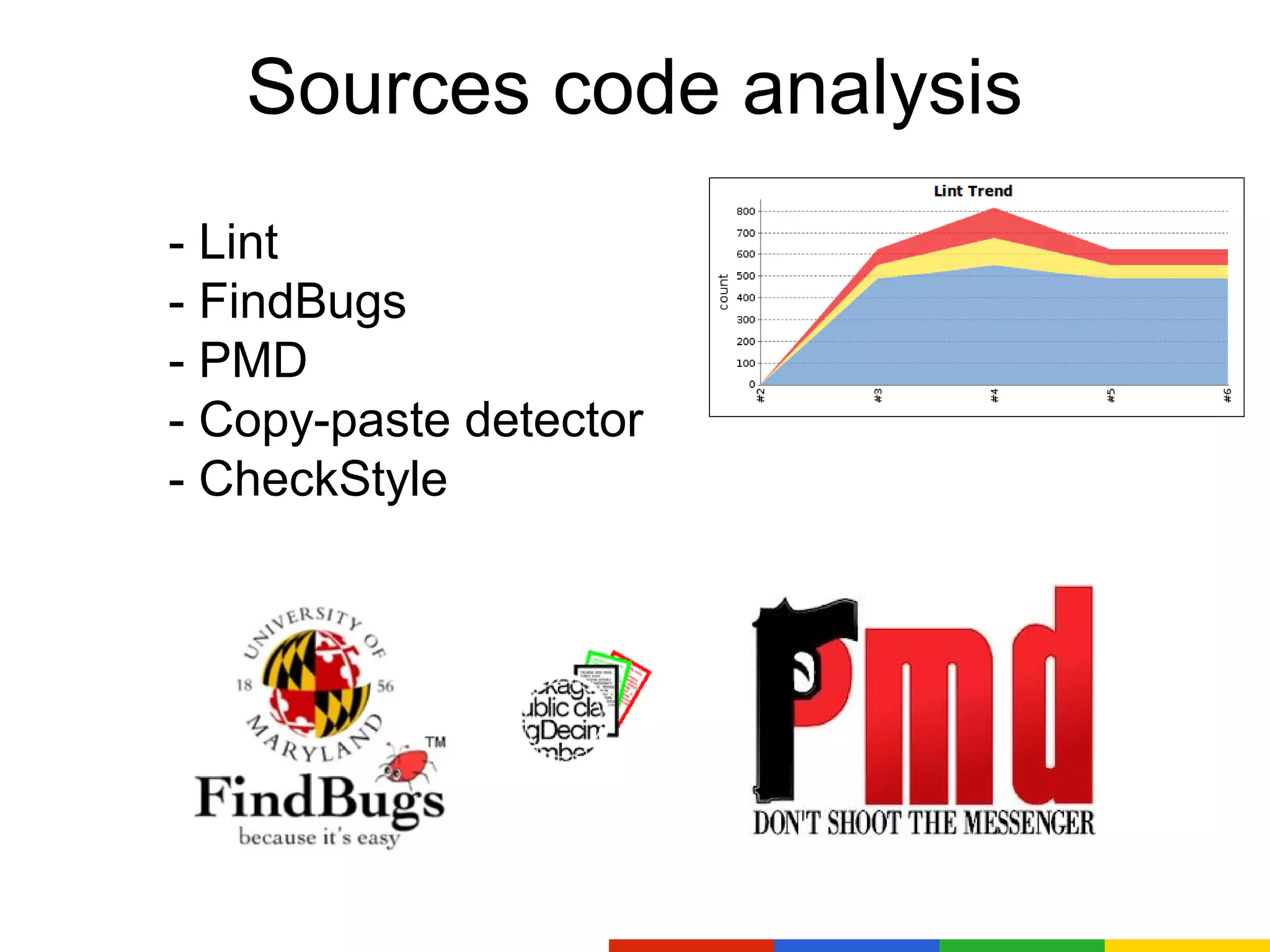Sources code analysis
- Lint
- FindBugs
- PMD
- Copy-paste detector
- CheckStyle