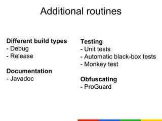 Additional routines

Different build types   Testing
- Debug                 - Unit tests
- Release               - Automatic black-box tests
                        - Monkey test
Documentation
- Javadoc               Obfuscating
                        - ProGuard
 