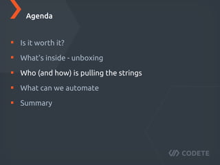 Is it worth it?
What's inside - unboxing
Who (and how) is pulling the strings
What can we automate
Summary
Agenda
 