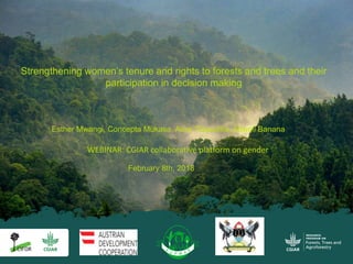 Esther Mwangi, Concepta Mukasa, Alice Tibazalika, Abwoli Banana
Strengthening women’s tenure and rights to forests and trees and their
participation in decision making
February 8th, 2018
WEBINAR: CGIAR collaborative platform on gender
 