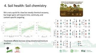 Treatment effects increase along elevational/moisture
gradient
RA is not a quick fix: slow but steady chemical recovery,
but larger gains will require time, continuity, and
context-specific targeting
4. Soil health: Soil chemistry
 