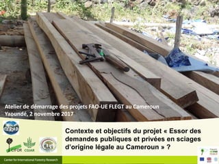 Contexte et objectifs du projet « Essor des
demandes publiques et privées en sciages
d’origine légale au Cameroun » ?
Atelier de démarrage des projets FAO-UE FLEGT au Cameroun
Yaoundé, 2 novembre 2017
 