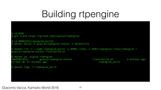 Building rtpengine
$ cd $SRC
$ git clone https://github.com/sipwise/rtpengine
$ cd $PROJECT/rtpengine_build/
$ docker build -t gvacca/rtpengine:centos -f Dockerfile .
$ docker run -t --name rtpengine_built -v $PWD/:/root -v $SRC/rtpengine:/root/rtpengine 
gvacca/rtpengine:centos /root/build.sh
$ docker ps -a|grep rtpengine
78edf9e7412c gvacca/rtpengine:centos "/root/build.sh" 2 minutes ago
Exited (0) 27 seconds ago rtpengine_built
$ docker logs -f rtpengine_built
22Giacomo Vacca, Kamailio World 2016
 