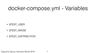 docker-compose.yml - Variables
• $TEST_USER
• $TEST_IMAGE
• $TEST_DISTRIBUTION
34Giacomo Vacca, Kamailio World 2016
 