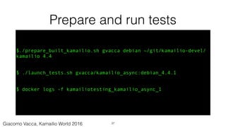 Prepare and run tests
$./prepare_built_kamailio.sh gvacca debian ~/git/kamailio-devel/
kamailio 4.4
$ ./launch_tests.sh gvacca/kamailio_async:debian_4.4.1
$ docker logs -f kamailiotesting_kamailio_async_1
37Giacomo Vacca, Kamailio World 2016
 