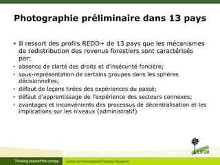 Photographie préliminaire dans 13 pays
 Il ressort des profils REDD+ de 13 pays que les mécanismes
de redistribution des revenus forestiers sont caractérisés
par:
• absence de clarté des droits et d’insécurité foncière;
• sous-représentation de certains groupes dans les sphères
décisionnelles;
• défaut de leçons tirées des expériences du passé;
• défaut d’apprentissage de l’expérience des secteurs connexes;
• avantages et inconvénients des processus de décentralisation et les
implications sur les niveaux (administratif)

 