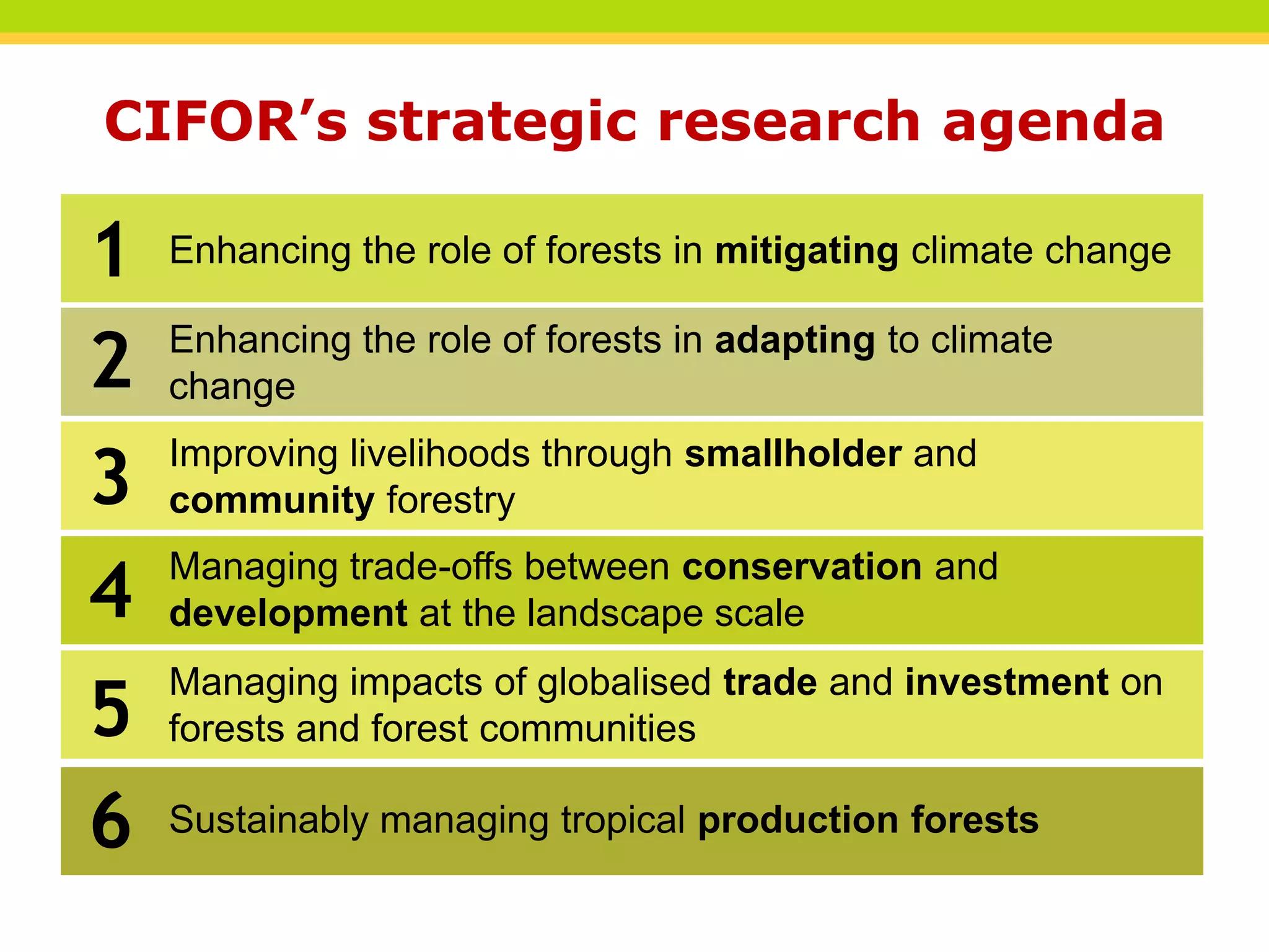 CIFOR’s strategic research agenda

1
2

Enhancing the role of forests in mitigating climate change
Enhancing the role of forests in adapting to climate
change

3
4

Improving livelihoods through smallholder and
community forestry

5
6

Managing impacts of globalised trade and investment on
forests and forest communities

Managing trade-offs between conservation and
development at the landscape scale

Sustainably managing tropical production forests
THINKING beyond the canopy

 