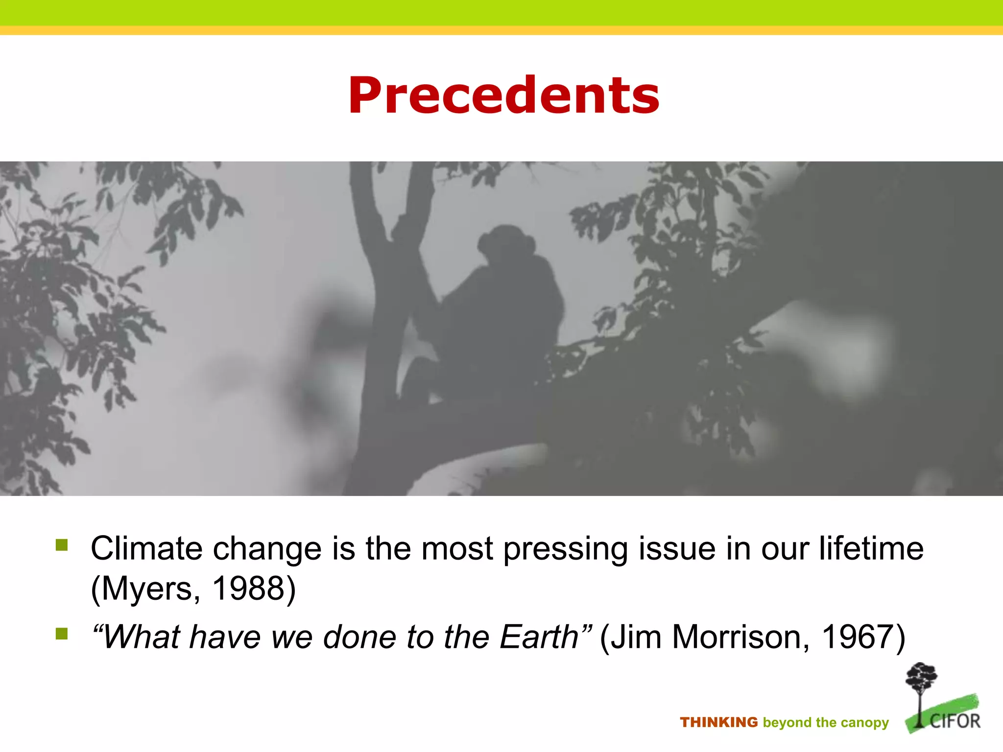 Precedents

 Climate change is the most pressing issue in our lifetime
(Myers, 1988)
 “What have we done to the Earth” (Jim Morrison, 1967)
THINKING beyond the canopy

 