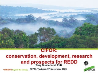 CIFOR:
conservation, development, research
and prospects for REDD
Terry Sunderland, PhD
THINKING beyond the canopy

FFPRI, Tsukuba, 9th November 2009

 