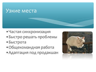 Узкие места

•Частая синхронизация
•Быстро решать проблемы
•Быстрота
•Общекомандная работа
•Адаптация под продакшан
 