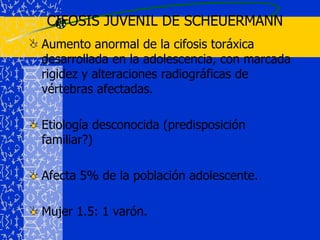 TRATAMIENTOObservación:	* < 30° con madurez ósea	* < 20° en pre-adolescentesOrtopédico:	* > 30° sin madurez ósea	* aparato de Milwaukee	* aparato de BostonQuirúrgico:	* > 50°	* Deformidades antiestéticas con asimetría del tronco en pre y adolescentes.	* Adultos con dorsalgia persistente.	* Barra de Harrington	* Artrodesis