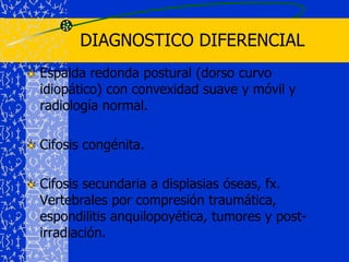 CIFOXISDefinición: del griego “convexidad”	Deformidad en el plano sagital debido a una exageración de la curvatura dorsal normal (> 50°), vista desde un lado.	Normal: 20 - 50°