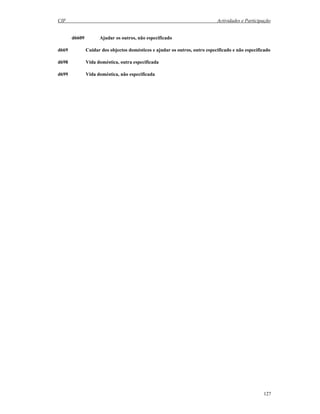 CIF Actividades e Participação
127
d6609 Ajudar os outros, não especificado
d669 Cuidar dos objectos domésticos e ajudar os outros, outro especificado e não especificado
d698 Vida doméstica, outra especificada
d699 Vida doméstica, não especificada
 