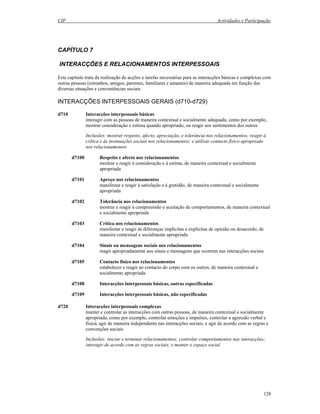 CIF Actividades e Participação
128
CAPÍTULO 7
INTERACÇÕES E RELACIONAMENTOS INTERPESSOAIS
Este capítulo trata da realização de acções e tarefas necessárias para as interacções básicas e complexas com
outras pessoas (estranhos, amigos, parentes, familiares e amantes) de maneira adequada em função das
diversas situações e conveniências sociais
INTERACÇÕES INTERPESSOAIS GERAIS (d710-d729)
d710 Interacções interpessoais básicas
interagir com as pessoas de maneira contextual e socialmente adequada, como por exemplo,
mostrar consideração e estima quando apropriado, ou reagir aos sentimentos dos outros
Inclusões: mostrar respeito, afecto, apreciação, e tolerância nos relacionamentos; reagir à
crítica e às insinuações sociais nos relacionamentos; e utilizar contacto físico apropriado
nos relacionamentos
d7100 Respeito e afecto nos relacionamentos
mostrar e reagir à consideração e à estima, de maneira contextual e socialmente
apropriada
d7101 Apreço nos relacionamentos
manifestar e reagir à satisfação e à gratidão, de maneira contextual e socialmente
apropriada
d7102 Tolerância nos relacionamentos
mostrar e reagir à compreensão e aceitação de comportamentos, de maneira contextual
e socialmente apropriada
d7103 Crítica nos relacionamentos
manifestar e reagir às diferenças implícitas e explícitas de opinião ou desacordo, de
maneira contextual e socialmente apropriada
d7104 Sinais ou mensagens sociais nos relacionamentos
reagir apropriadamente aos sinais e mensagens que ocorrem nas interacções sociais
d7105 Contacto físico nos relacionamentos
estabelecer e reagir ao contacto do corpo com os outros, de maneira contextual e
socialmente apropriada
d7108 Interacções interpessoais básicas, outras especificadas
d7109 Interacções interpessoais básicas, não especificadas
d720 Interacções interpessoais complexas
manter e controlar as interacções com outras pessoas, de maneira contextual e socialmente
apropriada, como por exemplo, controlar emoções e impulsos, controlar a agressão verbal e
física, agir de maneira independente nas interacções sociais, e agir de acordo com as regras e
convenções sociais
Inclusões: iniciar e terminar relacionamentos; controlar comportamentos nas interacções;
interagir de acordo com as regras sociais; e manter o espaço social
 