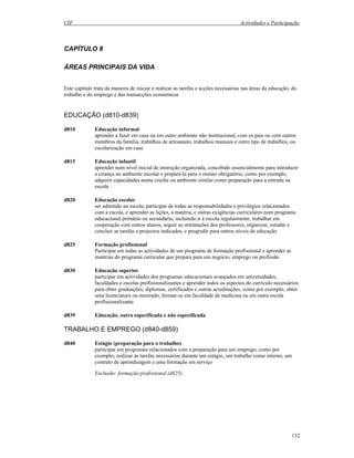CIF Actividades e Participação
132
CAPÍTULO 8
ÁREAS PRINCIPAIS DA VIDA
Este capítulo trata da maneira de iniciar e realizar as tarefas e acções necessárias nas áreas da educação, do
trabalho e do emprego e das transacções económicas
EDUCAÇÃO (d810-d839)
d810 Educação informal
aprender a fazer em casa ou em outro ambiente não institucional, com os pais ou com outros
membros da família, trabalhos de artesanato, trabalhos manuais e outro tipo de trabalhos, ou
escolarização em casa
d815 Educação infantil
aprender num nível inicial de instrução organizada, concebido essencialmente para introduzir
a criança no ambiente escolar e prepará-la para o ensino obrigatório, como por exemplo,
adquirir capacidades numa creche ou ambiente similar como preparação para a entrada na
escola
d820 Educação escolar
ser admitido na escola, participar de todas as responsabilidades e privilégios relacionados
com a escola, e aprender as lições, a matéria, e outras exigências curriculares num programa
educacional primário ou secundário, incluindo ir à escola regularmente, trabalhar em
cooperação com outros alunos, seguir as orientações dos professores, organizar, estudar e
concluir as tarefas e projectos indicados, e progredir para outros níveis de educação
d825 Formação profissional
Participar em todas as actividades de um programa de formação profissional e aprender as
matérias do programa curricular que prepara para um negócio, emprego ou profissão
d830 Educação superior
participar em actividades dos programas educacionais avançados em universidades,
faculdades e escolas profissionalizantes e aprender todos os aspectos do currículo necessários
para obter graduações, diplomas, certificados e outras acreditações, como por exemplo, obter
uma licenciatura ou mestrado, formar-se em faculdade de medicina ou em outra escola
profissionalizante
d839 Educação, outra especificada e não especificada
TRABALHO E EMPREGO (d840-d859)
d840 Estágio (preparação para o trabalho)
participar em programas relacionados com a preparação para um emprego, como por
exemplo, realizar as tarefas necessárias durante um estágio, um trabalho como interno, um
contrato de aprendizagem e uma formação em serviço
Exclusão: formação profissional (d825)
 