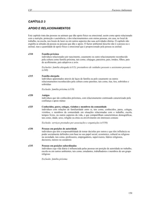 CIF Factores Ambientais
150
CAPÍTULO 3
APOIO E RELACIONAMENTOS
Este capítulo trata das pessoas ou animais que dão apoio físico ou emocional, assim como apoio relacionado
com a nutrição, protecção e assistência, e dos relacionamentos com outras pessoas, em casa, no local de
trabalho, na escola, nos locais de lazer ou em outros aspectos das suas actividades diárias. O capítulo não
engloba as atitudes da pessoa ou pessoas que dão o apoio. O factor ambiental descrito não é a pessoa ou o
animal, mas a quantidade de apoio físico e emocional que é proporcionado pela pessoa ou animal.
e310 Família próxima
indivíduos relacionados por nascimento, casamento ou outro relacionamento reconhecido
pela cultura como família próxima, tais como, cônjuges, parceiros, pais, irmãos, filhos, pais
de acolhimento, pais adoptivos e avós
Exclusões: família alargada (e315); prestadores de cuidados pessoais e assistentes pessoais
(e340)
e315 Família alargada
indivíduos aparentados através de laços de família ou pelo casamento ou outros
relacionamentos reconhecidos pela cultura como parentes, tais como, tias, tios, sobrinhos e
sobrinhas
Exclusão: família próxima (e310)
e320 Amigos
indivíduos que são conhecidos próximos, com relacionamento continuado caracterizado pela
confiança e apoio mútuo
e325 Conhecidos, pares, colegas, vizinhos e membros da comunidade
indivíduos com relações de familiaridade entre si, tais como, conhecidos, pares, colegas,
vizinhos, e membros da comunidade em situações relacionadas com o trabalho, escola,
tempos livres, ou outros aspectos da vida, e que compartilham características demográficas,
tais como, idade, sexo, religião ou etnia ou envolvimento em interesses comuns
Exclusão: serviços prestados por associações e organizções (e5550)
e330 Pessoas em posições de autoridade
indivíduos que têm a responsabilidade de tomar decisões por outros e que têm influência ou
poder socialmente definidos com base no seu papel social, económico, cultural ou religioso
na sociedade, tais como, professores, empregadores, supervisores, líderes religiosos,
decisores, tutores ou curadores
e335 Pessoas em posições subordinadas
indivíduos cuja vida diária é influenciada pelas pessoas em posição de autoridade no trabalho,
escola ou em outros ambientes, tais como, estudantes, trabalhadores e membros de um grupo
religioso
Exclusão: família próxima
 