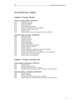 CIF Classificação de segundo nível
27
FUNÇÕES DO CORPO
Capítulo 1 Funções Mentais
Funções mentais globais (b110-b139)
b110 Funções da consciência
b114 Funções da orientação
b117 Funções intelectuais
b122 Funções psicossociais globais
b126 Funções do temperamento e da personalidade
b130 Funções da energia e dos impulsos
b134 Funções do sono
b139 Funções globais mentais, outras especificas e não especificadas
Funções mentais específicas (b140-b189)
b140 Funções da atenção
b144 Funções da memória
b147 Funções psicomotoras
b152 Funções emocionais
b156 Funções da percepção
b160 Funções do pensamento
b164 Funções cognitivas de nível superior
b167 Funções mentais da linguagem
b172 Funções de cálculo
b176 Funções mentais para a sequência de movimentos complexos
b180 Funções de experiência pessoal e do tempo
b189 Funções mentais específicas, outras especificadas e não especificadas
b198 Funções mentais, outras especificadas
b199 Funções mentais, não especificadas
Capítulo 2 Funções sensoriais e dor
Visão e funções relacionadas (b210-229)
b210 Funções da visão
b215 Funções dos anexos do olho
b220 Sensações associadas ao olho e aos anexos
b229 Funções da visão e relacionadas, outras especificadas e não especificadas
Funções auditivas e vestibulares (b230-b249)
b230 Funções auditivas
b235 Funções vestibulares
b240 Sensações associadas à função auditiva e vestibular
b249 Funções auditivas e vestibulares, outras especificadas e não especificadas
 